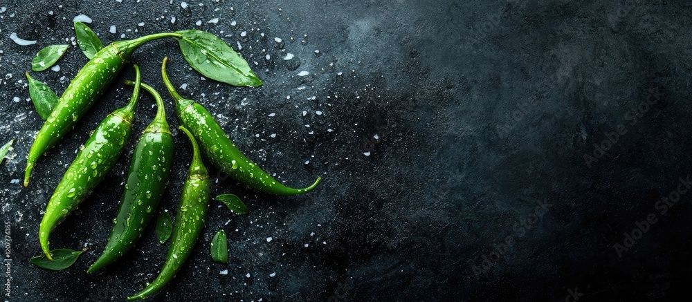 Canvas Prints Fresh green chilies with water droplets and mist on a dark textured background, featuring ample empty space for text or branding.