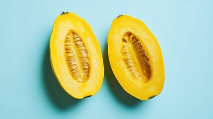 Halved yellow melons presented on a colorful background showcasing natural textures and vibrant colors for culinary and food photography