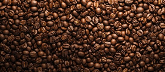 Freshly Roasted Dark Brown Coffee Beans Flat Lay Composition with Empty Space for Text on Rustic Wood Background