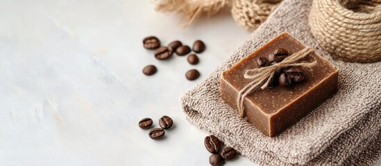Handmade coffee soap on towel with coffee beans and rustic decor for spa or beauty product advertising and promotional text space