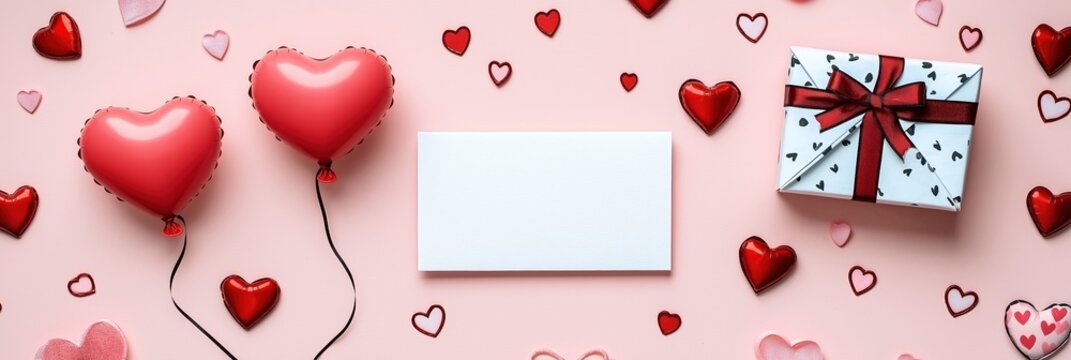 Valentines Day essentials arranged on a pastel pink surface featuring a heart-shaped balloon, gift box, and blank love note for romantic gestures
