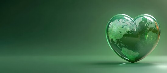 Green Glass Heart Symbolizing Environmental Awareness and Sustainability on Soft Green Background with Copy Space for Text