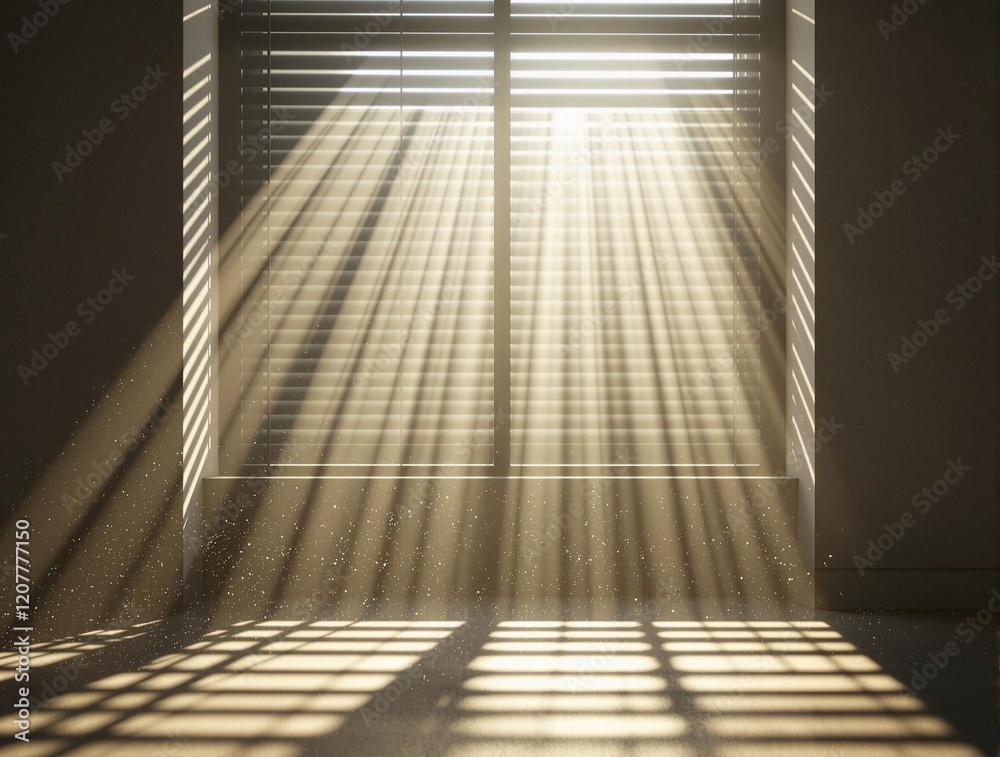 Poster a window with closed blinds, allowing sunlight to stream through and cast patterns on the floor.