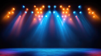 Colorful spotlight beams illuminating a dark stage with a smooth floor and copy space for text.