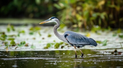 Fototapeta premium Great Blue Heron Wading in Serene Wetlands Amidst Lush Greenery and Calm Waters