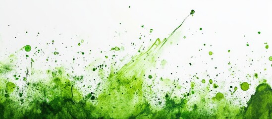 Vibrant green ink splashes across a bright white canvas, creating dynamic patterns with ample blank space for additional text or graphics.