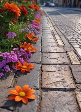 Balisage en bronze avec motifs de fleurs dans une rue pav?e, fleurs, d?coration, balisage