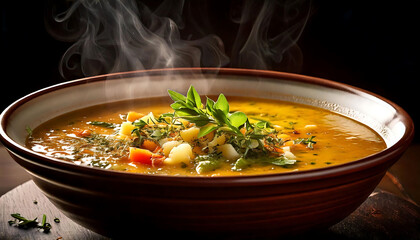 Steaming bowl of hearty vegetable soup, garnished with fresh herbs.  Rich, vibrant colors and textures make this image perfect for menus, cookbooks, or food blogs.  Appetizing and evocative of warmth