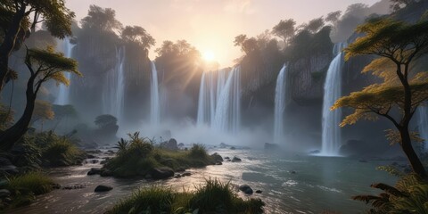 Bangioc Detian waterfall at sunrise with misty veil , sunrise, mist
