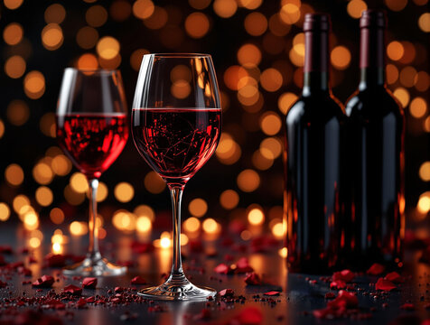  two glasses and two bottles of red wine, with a bokeh effect in the background. There are scattered rose petals on the table.
