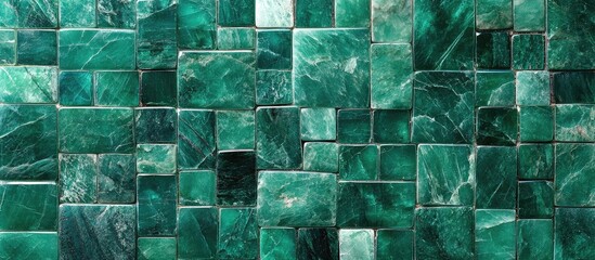 Green Glossy Garnet Colored Square Glass Mosaic Tile Textured Background in Emerald Green Shades with Blank Space for Creative Text Elements