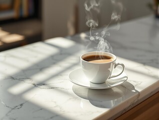 a white ceramic cup filled with steaming coffee placed on a marble surface, with sunlight casting shadows on the table.
