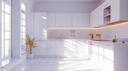 Fototapeta premium Scandinavian minimalist kitchen with white cabinets