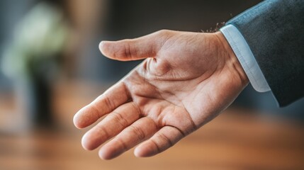 Handshake invitation with open hand gesture in professional setting on blurred light background