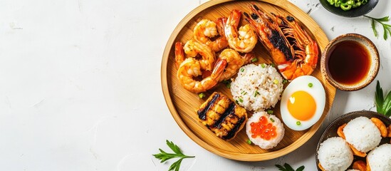 Delicious Aburi Chawanmushi Japanese steamed egg with grilled shrimp, eel, chicken, soft boiled onigiri rice on wooden bamboo plate over white stone background