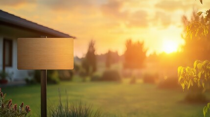 Warm sunset light casts a golden glow over a home for sale, featuring a blank signpost, evoking a real estate concept.