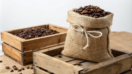 Fototapeta premium Burlap sack of roasted coffee beans wrapped in twine and sitting on a vintage wooden crate, small batch roasting, burlap sack, artisanal coffee, rustic packaging