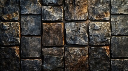 Textured stone wall with dark weathered stones arranged in a grid pattern Copy Space for text addition