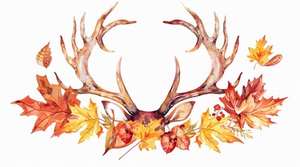 Elegant Hello Autumn Antlers with Fall Leaves Watercolor Drawing