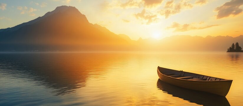 Scenic sunset over calm lake with yellow canoe and mountain silhouette in background Copy Space
