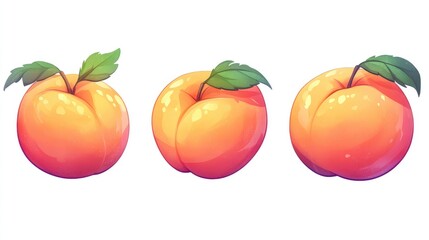 Illustration of three stylized peaches with green leaves on a white background Copy Space