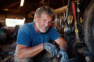 An experienced mechanic poses thoughtfully while repairing a tractor in a workshop, showcasing his craftsmanship and commitment to agricultural machinery maintenance.