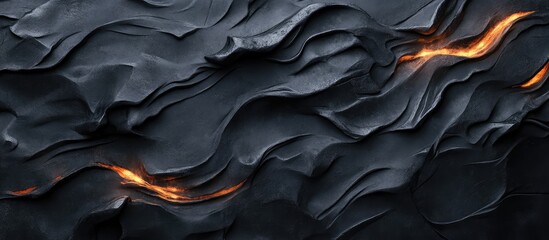 Obraz premium Textured black surface with glowing orange lines creating waves and folds, minimalist design with ample Copy Space.