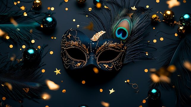 Elegant black masquerade mask with feathers and confetti.  Party celebration background. Holiday invitation