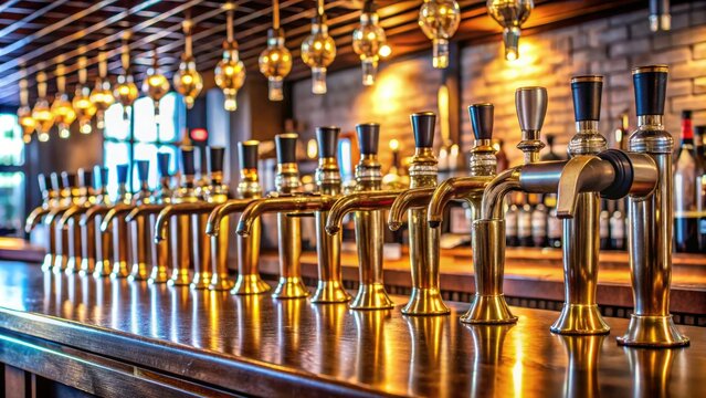 Beer taps and bottles on display in a trendy sports bar, beer tap, happy hour, social hub, food and drink, drink menu