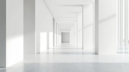 White open space office corridor with a clean, minimalistic design and a mock-up wall for flexible branding or decoration.