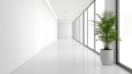 Fototapeta premium White open space office corridor with a clean, minimalistic design and a mock-up wall for flexible branding or decoration.