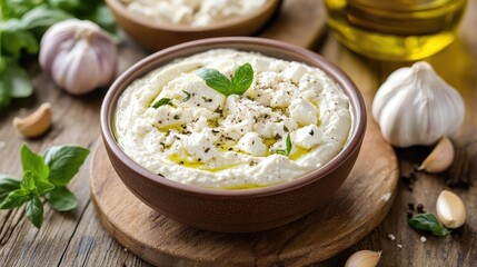 Greek dressing with garlic olive oil feta cheese and oregano served in a bowl on a rustic wooden cutting board with fresh garlic.