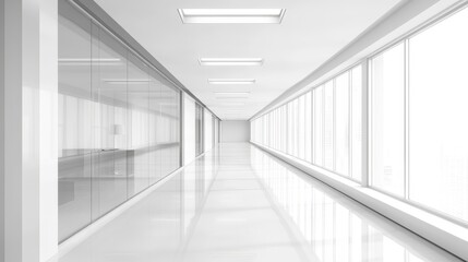 Fototapeta premium White open space office corridor with a clean, minimalistic design and a mock-up wall for flexible branding or decoration.