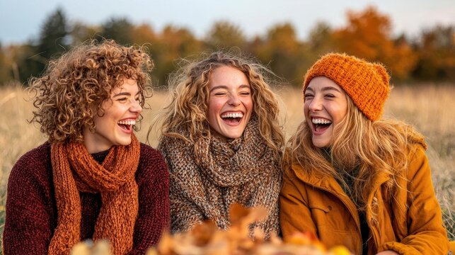 International Women's Day type. Three joyful women laughing together in a scenic autumn setting.