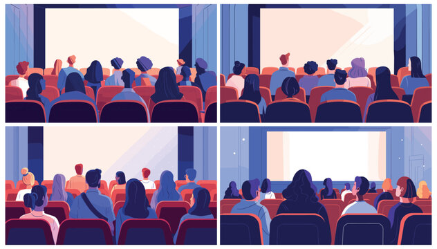 People at cinema. Flat theatre audience sitting in chair rows rear view, empty movie screen, men women crowd in auditorium vector illustration