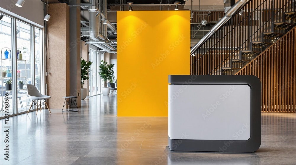 Poster a modern interior space with a minimalist black counter in the foreground and a large yellow wall in