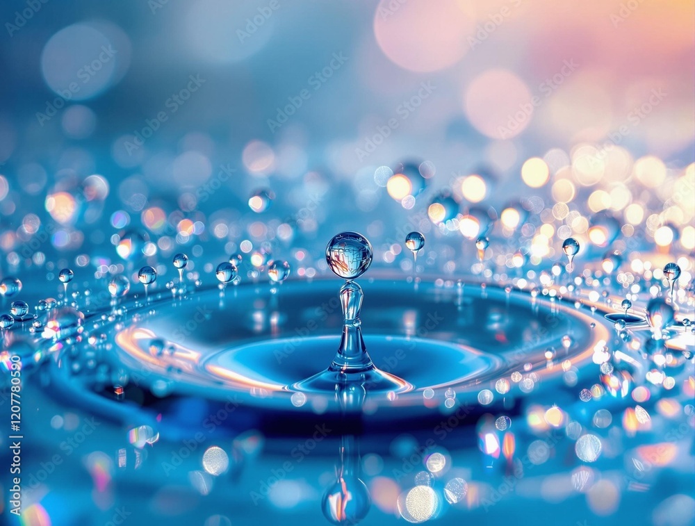 Aufkleber a close-up of a drop of water on a blue surface, with other water droplets and a blurred background.