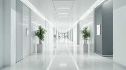 White open space office corridor with a clean, minimalistic design and a mock-up wall for flexible branding or decoration.