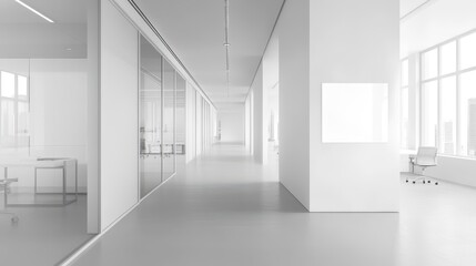 Fototapeta premium White open space office corridor with a clean, minimalistic design and a mock-up wall for flexible branding or decoration.