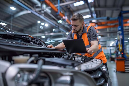 a car mechanic works on the engine of a vehicle in a workshop