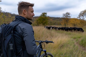 A cyclist pauses to admire a herd of cattle grazing in a stunning open field, epitomizing the connection between nature and outdoor adventure.
