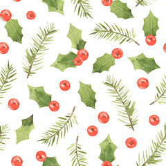Watercolor seamless pattern with holly leaves and berries and fir tree branches. Cute hand-drawn Christmas texture on white background for wrapping paper or greeting cards