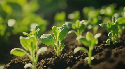 Close-up of young green plant seedlings growing in rich dark soil with soft sunlight highlighting leaves and Copy Space for text insertion