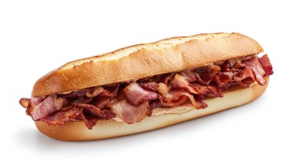 Ham and Bacon Sub Sandwich on a White Background Featuring Crispy Layers of Bacon and Tender Ham