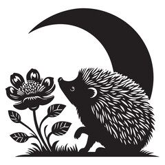 Black and White Illustration of Hedgehog Surrounded by Flowers with Crescent Moon Above in Intricate Details