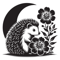 Black and White Illustration of Hedgehog Surrounded by Flowers with Crescent Moon Above in Intricate Details