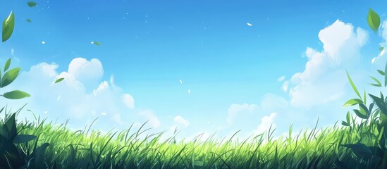 Obraz premium Vibrant green grass field with a clear bright blue sky and fluffy white clouds in the background, ample empty space for text at the top.