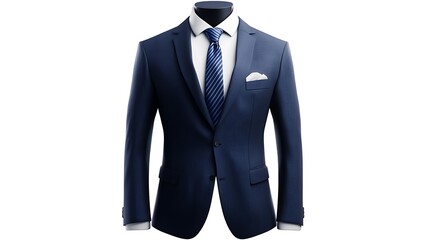 Elegant navy suit with white dress shirt and blue striped tie displayed on invisible mannequin