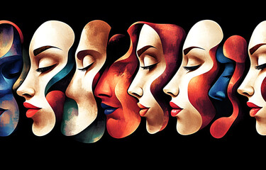 Multitude of faces of the same person expressing multiple personality or schizophrenia with an abstract illustration