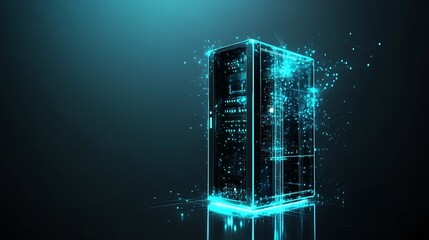 Futuristic Digital Server Concept with Glowing Blue Lines and Particles Over Dark Background